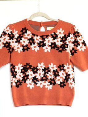 Anthropologie Maeve Retro Floral Spring Sweater Top Puff Short Sleeve Stretch S